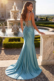 Blue Mint Mermaid Corset Ruched Satin Appliques Spaghetti Straps Long Prom Dress with Beading