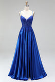 Royal Blue A-Line Appliques Satin Sequins Spaghetti Straps Long Prom Dress with Beading