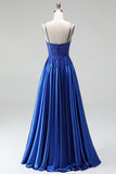 Royal Blue A-Line Appliques Satin Sequins Spaghetti Straps Long Prom Dress with Beading