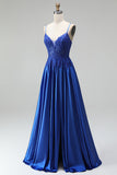 Royal Blue A-Line Appliques Satin Sequins Spaghetti Straps Long Prom Dress with Beading