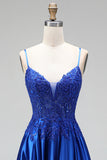 Royal Blue A-Line Appliques Satin Sequins Spaghetti Straps Long Prom Dress with Beading