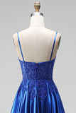 Royal Blue A-Line Appliques Satin Sequins Spaghetti Straps Long Prom Dress with Beading