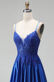 Royal Blue A-Line Appliques Satin Sequins Spaghetti Straps Long Prom Dress with Beading