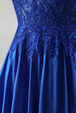 Royal Blue A-Line Appliques Satin Sequins Spaghetti Straps Long Prom Dress with Beading