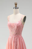 Pink Floral Appliques A-Line Corset Sheer Chiffon Long Prom Dress with Beading