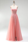 Pink Floral Appliques A-Line Corset Sheer Chiffon Long Prom Dress with Beading
