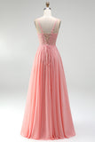 Pink Floral Appliques A-Line Corset Sheer Chiffon Long Prom Dress with Beading