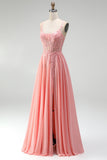 Pink Floral Appliques A-Line Corset Sheer Chiffon Long Prom Dress with Beading