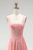 Pink Floral Appliques A-Line Corset Sheer Chiffon Long Prom Dress with Beading