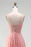 Pink Floral Appliques A-Line Corset Sheer Chiffon Long Prom Dress with Beading