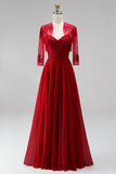Red Embroidery A-Line Beaded Chiffon Spaghetti Straps Long Prom Dress with Bolero Jacket