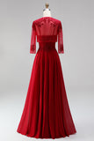 Red Embroidery A-Line Beaded Chiffon Spaghetti Straps Long Prom Dress with Bolero Jacket
