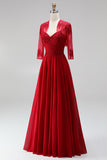 Red Embroidery A-Line Beaded Chiffon Spaghetti Straps Long Prom Dress with Bolero Jacket