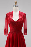 Red Embroidery A-Line Beaded Chiffon Spaghetti Straps Long Prom Dress with Bolero Jacket