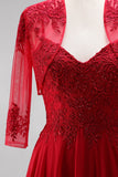 Red Embroidery A-Line Beaded Chiffon Spaghetti Straps Long Prom Dress with Bolero Jacket