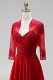 Red Embroidery A-Line Beaded Chiffon Spaghetti Straps Long Prom Dress with Bolero Jacket