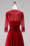 Red Embroidery A-Line Beaded Chiffon Spaghetti Straps Long Prom Dress with Bolero Jacket