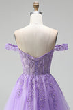 Off the Shoulder Light Plum 3D Floral Appliques A-Line Tulle Corset Short Homecoming Dress with Beading