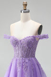 Off the Shoulder Light Plum 3D Floral Appliques A-Line Tulle Corset Short Homecoming Dress with Beading