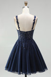 Navy A-Line Chiffon Floral Lace Straps Short Homecoming Dress with Pearls