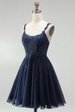 Navy A-Line Chiffon Floral Lace Straps Short Homecoming Dress with Pearls