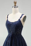 Navy A-Line Chiffon Floral Lace Straps Short Homecoming Dress with Pearls