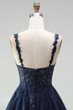 Navy A-Line Chiffon Floral Lace Straps Short Homecoming Dress with Pearls