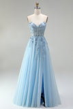 Sky Blue Sheer Corset Floral Appliques A-Line Sequins Strapless Long Prom Dress with Side Slit
