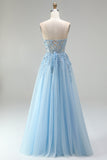 Sky Blue Sheer Corset Floral Appliques A-Line Sequins Strapless Long Prom Dress with Side Slit