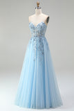 Sky Blue Sheer Corset Floral Appliques A-Line Sequins Strapless Long Prom Dress with Side Slit