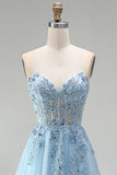 Sky Blue Sheer Corset Floral Appliques A-Line Sequins Strapless Long Prom Dress with Side Slit