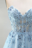 Sky Blue Sheer Corset Floral Appliques A-Line Sequins Strapless Long Prom Dress with Side Slit