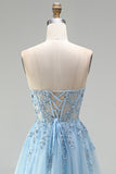 Sky Blue Sheer Corset Floral Appliques A-Line Sequins Strapless Long Prom Dress with Side Slit