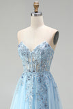 Sky Blue Sheer Corset Floral Appliques A-Line Sequins Strapless Long Prom Dress with Side Slit