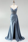 Grey Blue Mermaid Corset Rhinestones Sheer Ruched Satin Spaghetti Straps Long Prom Dress with Slit