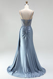 Grey Blue Mermaid Corset Rhinestones Sheer Ruched Satin Spaghetti Straps Long Prom Dress with Slit