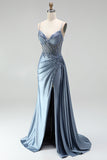 Grey Blue Mermaid Corset Rhinestones Sheer Ruched Satin Spaghetti Straps Long Prom Dress with Slit