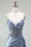 Grey Blue Mermaid Corset Rhinestones Sheer Ruched Satin Spaghetti Straps Long Prom Dress with Slit