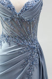 Grey Blue Mermaid Corset Rhinestones Sheer Ruched Satin Spaghetti Straps Long Prom Dress with Slit