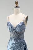 Grey Blue Mermaid Corset Rhinestones Sheer Ruched Satin Spaghetti Straps Long Prom Dress with Slit