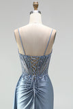 Grey Blue Mermaid Corset Rhinestones Sheer Ruched Satin Spaghetti Straps Long Prom Dress with Slit