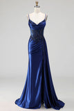 Royal Blue Cowl Neck Corset Sheer Floral Satin Ruched Sequins Long Prom Dress with Slit