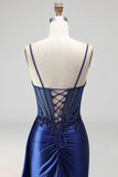 Royal Blue Cowl Neck Corset Sheer Floral Satin Ruched Sequins Long Prom Dress with Slit