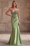 Green Corset Mermaid V-Neck Rhinestone Sheer Satin Ruched Beaded Long Prom Dress with Slit
