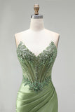 Green Corset Mermaid V-Neck Rhinestone Sheer Satin Ruched Beaded Long Prom Dress with Slit