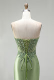 Green Corset Mermaid V-Neck Rhinestone Sheer Satin Ruched Beaded Long Prom Dress with Slit