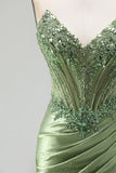 Green Corset Mermaid V-Neck Rhinestone Sheer Satin Ruched Beaded Long Prom Dress with Slit
