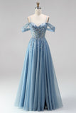 Glitter Dusty Blue Cold Shoulder Corset Sheer A-Line Sequins Long Prom Dress with Appliques