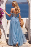 Glitter Dusty Blue Cold Shoulder Corset Sheer A-Line Sequins Long Prom Dress with Appliques