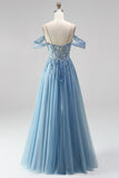 Glitter Dusty Blue Cold Shoulder Corset Sheer A-Line Sequins Long Prom Dress with Appliques